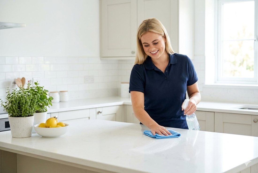 A Spotless Solutions cleaner wiping a kitchen counter to a fresh shine